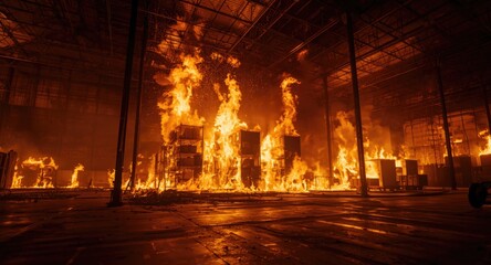 Rapidly spreading fire blaze within warehouse premises