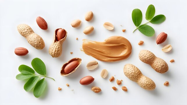 Commercial food photography assorted peanuts whole shelled split peanut butter smears crushed nuts and green leaves on a clean white isolated background top down view