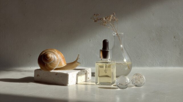 Still Life Composition Featuring Snail, Mucin, and Glass Objects