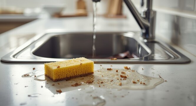 Messy sponge beside a malfunctioning kitchen basin