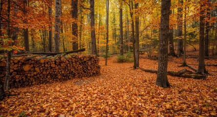 Scenic autumn forest ground with stacked timber and bright orange yellow leaf layer