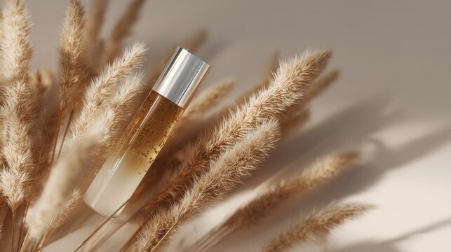 Elegant Serum Bottle with Natural Elements and Soft Lighting