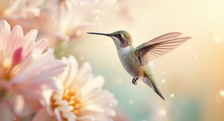 Fototapeta premium Light watercolor portrayal of a hummingbird with floral background