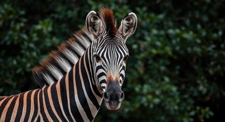 Fototapeta premium Zebra head with dynamic striped mane and alert expression positioned against deep green tree cover