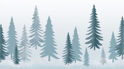 Obraz premium Minimalist Icy Blue Pine Tree Border – Scandinavian Winter Forest Seamless Illustration 