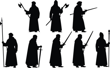 Medieval warrior silhouette collection, cloaked soldiers with sword, axe, spear and halberd, historical knight figures isolated on white background