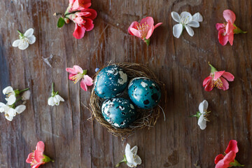 Easter flat lay. Stylish easter eggs in nest and spring flowers and cherry blossoms on rustic wooden background. Easter celebration, season greetings. Spring minimal banner © sonyachny