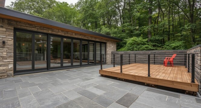 Stone finished courtyard with a modern home extension and incomplete cedar deck