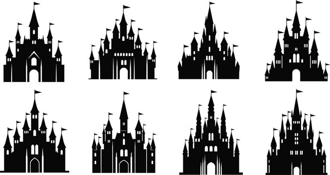 Silhouette castle illustration, fantasy architecture, medieval fortress, royal palace, towers and turrets, flags, historical design, black and white artwork, fairytale theme