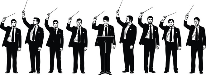 Silhouette orchestra conductor illustration, music leadership, directing musicians, classical performance, teamwork coordination, baton raised, uniform figures, artistic black and white design © Azizul360