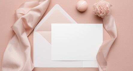 Fototapeta premium Sophisticated flat lay of wedding invite card with white paper paired with light pink envelope and copy space for text