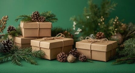 Obraz premium Natural Christmas decor combined with reusable gift boxes in sustainable zero waste scene over green backdrop