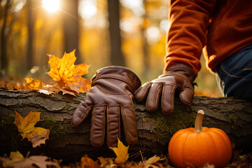 Brown leather work gloves resting on a pumpkin during autumn harvest