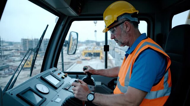 Focused male adult caucasian operator in hard hat and safety vest. Operating heavy machinery controls with joysticks inside a modern cabin for industrial construction and professional safety