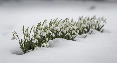White snowy ground with clusters of potted snowdrop flowers in early bloom