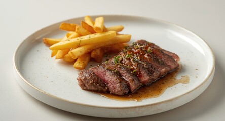 Neatly arranged crispy fries and a tender beefsteak on a clean white dish