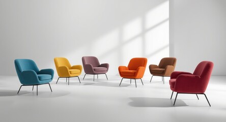 Sleek modern chairs and armchairs arranged to showcase color variety and contemporary interior design on white background