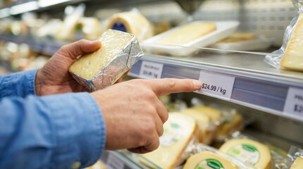 Person examining cheese price label while holding a wrapped cheese block in a grocery store, various cheese products displayed on shelves in the background