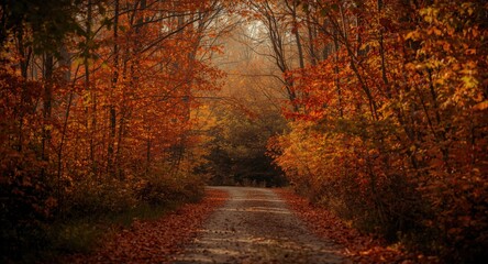 Fototapeta premium Serene fall trail in an autumn forest rich with colorful leaves and golden lighting