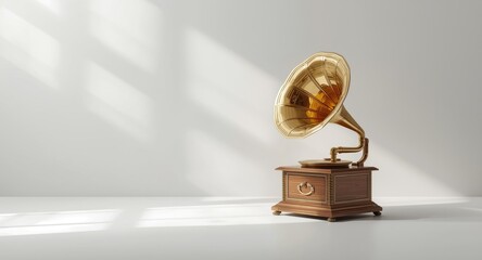 Minimalist white setting featuring a vintage gold gramophone with refined music heritage