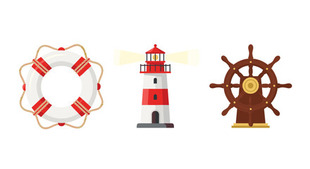 Essential marine objects: a beacon lighthouse, a rescue lifebuoy, and an antique ship's helm, presented on a white background.