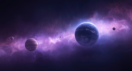 Fototapeta premium An imaginative cosmic scene showing planets suspended within a luminous atmosphere