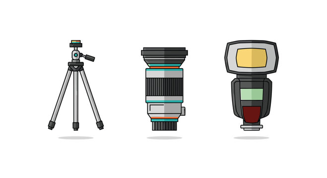 Essential photography equipment set with a gray tripod, a multi-ring camera lens, and an external flash unit.