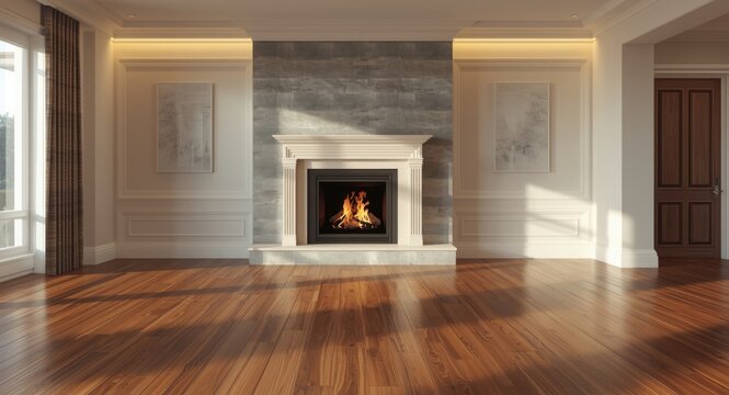 Contemporary living space featuring hardwood floors and a decorative fireplace focal point
