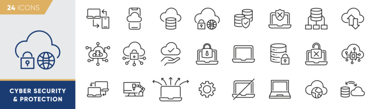 Cyber Security & Protection Line Icons &ndash; Secure Cloud, Encryption, Firewall and Digital Defense Vector Pack