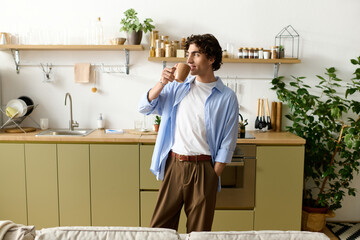 Young man with curly hair relaxes at home in his modern apartment