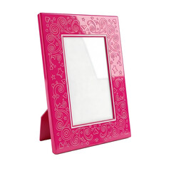 Empty pink tabletop photo frame standing isolated on white background