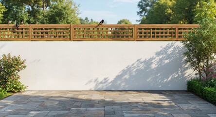 Naklejka premium White garden wall with wooden lattice fence and 3D rendered terrace floor surrounded by nature backdrop