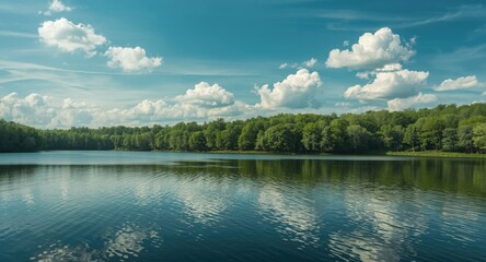 Fototapeta premium Inviting summer lake scene with dense treeline and soft cloudy sky