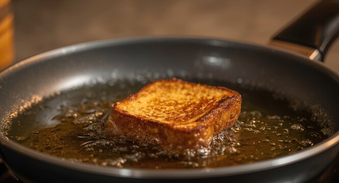 Crunchy French toast frying in warm cooking oil