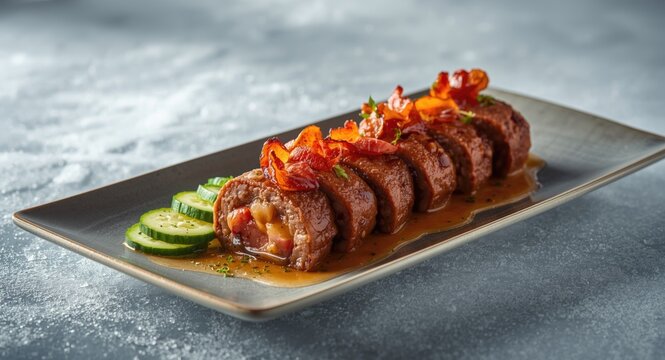 Rich beef roulades containing plum and bacon served with fresh cucumber amid a frosty environment