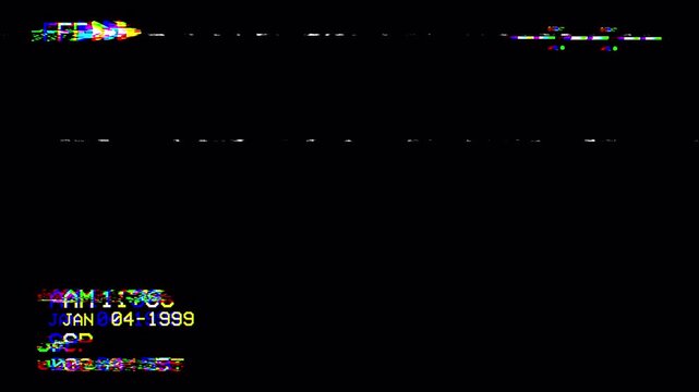 VHS Fast Forward FF Screen Overlay with Distorted Analog Glitch Noise and Static Interference. Retro Timecode Playback on Black Background Looping Animation 4k video animation seamless loop