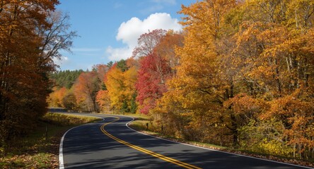 Obraz premium Scenic curvy asphalt parkway winding through vibrant autumn forest foliage