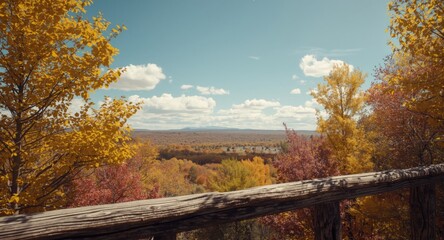 Fototapeta premium Tranquil natural environment featuring a vivid autumn landscape with panoramic foliage view and rustic wooden railing