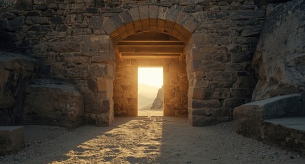 Obraz premium Powerful daylight entering an empty stone tomb portal symbolizing the resurrection narrative of Easter