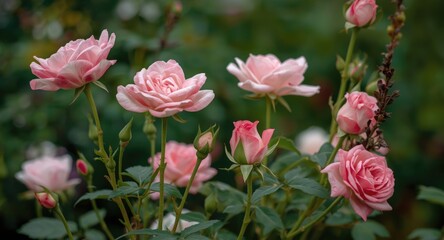Fototapeta premium Graceful Eustoma flowers alongside blooming roses in dreamy enchanting garden