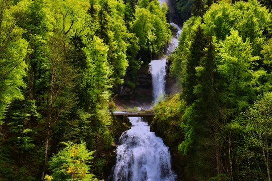 Aerial view of the Giessbach stream flowing into the Giessbach Falls (Giessbachfalle) near Brienz, Bernese Oberland, Switzerland