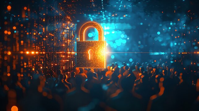Abstract business concept featuring a large open lock with a glowing key