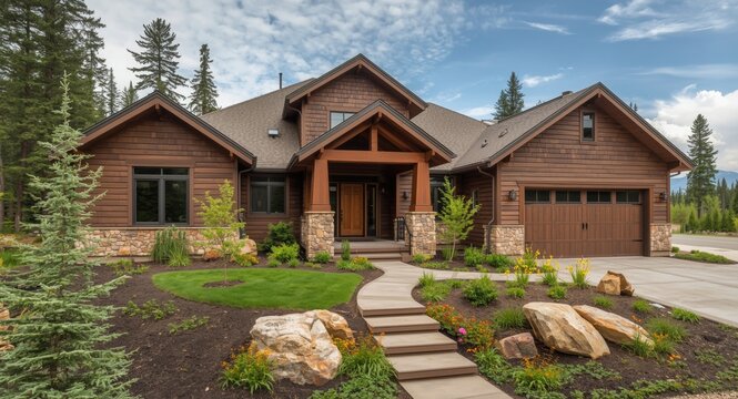Modern mountain home with cedar brown siding and summer landscaping featuring rocks and greenery