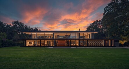 Fototapeta premium Striking mansion featuring clean lines under a fading dusk atmosphere