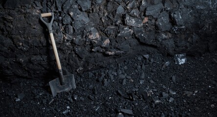 Shovel leaning against coal deposits in subterranean mine