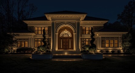 Fototapeta premium Contemporary lavish home lit in darkness highlighting refined architectural details