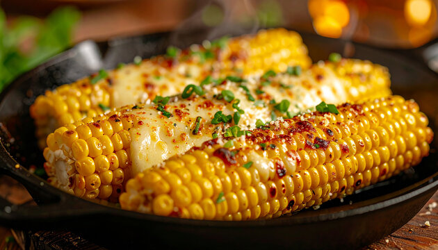 Korean cheese corn in cast iron skillet, molten mozzarella, restaurant atmosphere. Tasty food. Delicious meal