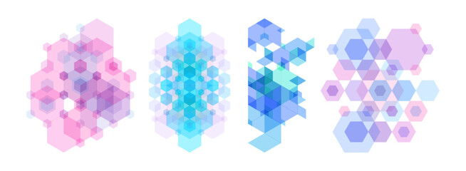 Abstract geometric background. Translucent pattern of overlapping geometric shapes. Transparent colored hexagons. Template for poster, flyer, banner, card or cover. Vector illustration.