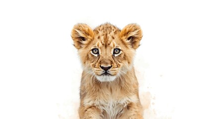Obraz premium Expressive watercolor work showing a single baby lion against a clean white backdrop