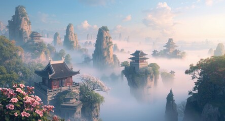 Fototapeta premium Ethereal Chinese fantasy backgrounds with floating islands and ancient temples